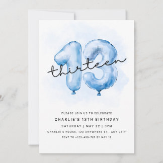 13th Birthday Blue Balloon Invitation