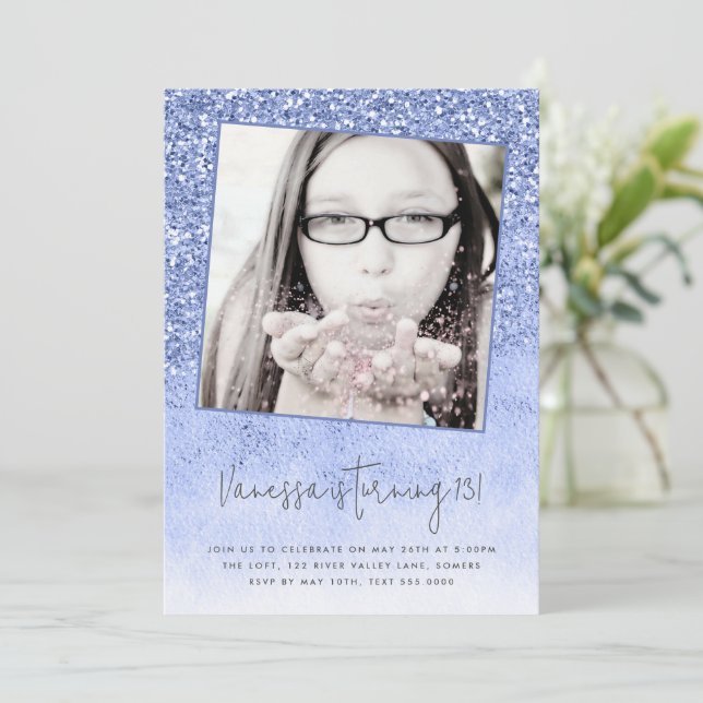 13th Birthday Blue Glitter Teen Photo Invitation (Standing Front)