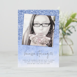 13th Birthday Blue Glitter Teen Photo Invitation