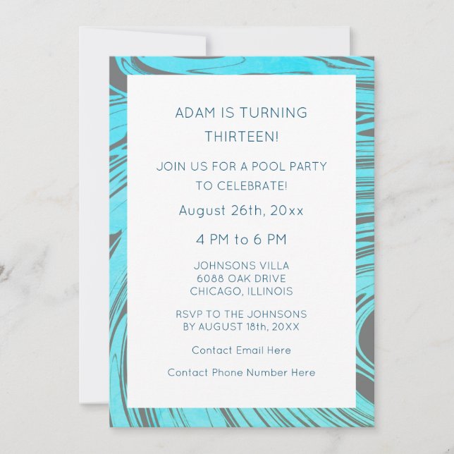 13th Birthday Blue Grey Abstract Artsy Custom Invitation (Front)