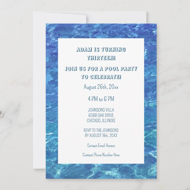 13th Birthday Blue Pool Party Water Custom Age Invitation (Front)