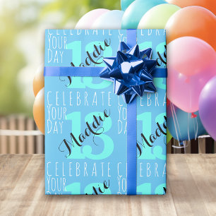13th Birthday Blue Typography  Wrapping Paper