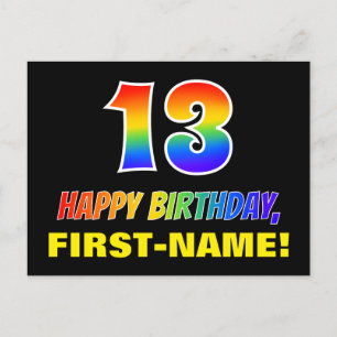 13th Birthday: Bold, Fun, Simple, Rainbow 13 Postcard