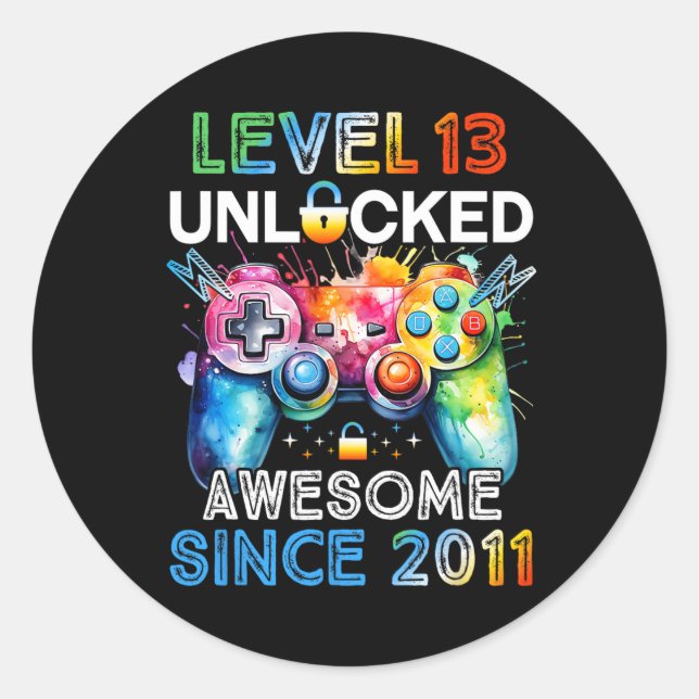 13th Birthday Boy Level 13 Unlocked Video Gamer Bi Classic Round Sticker (Front)