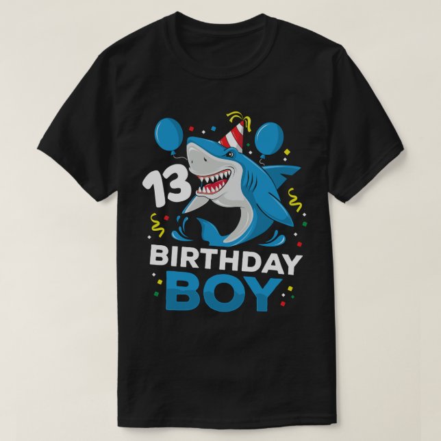 13th Birthday Boy Shark Ocean Theme Party 13 Years T-Shirt (Design Front)