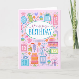 13th Birthday Bright Pastel Icons On Pink Card