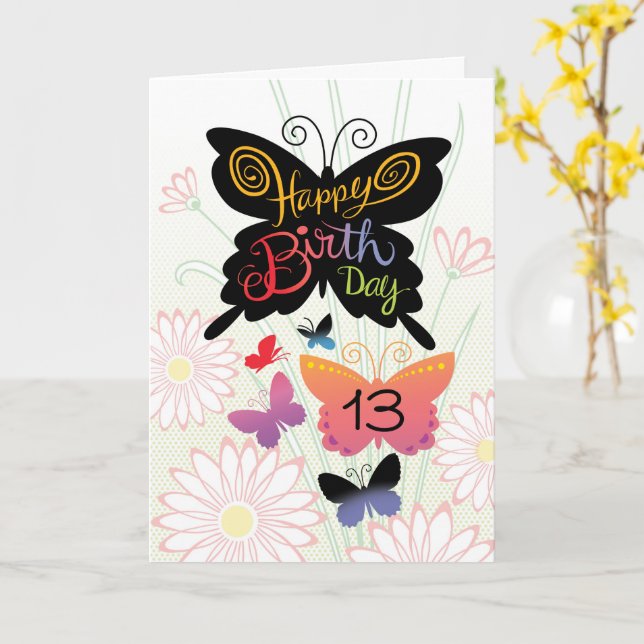 13th Birthday Butterlies Hand Lettering Card (Yellow Flower)