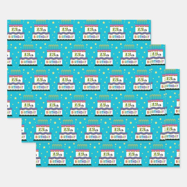 13th Birthday Cake Blue Wrapping Paper  (Set)