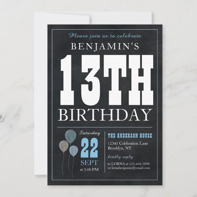 13th Birthday Chalkboard Blue Balloon Rustic Chic Invitation (Front)