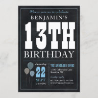 13th Birthday Chalkboard Blue Balloon Rustic Chic