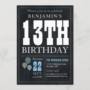 13th Birthday Chalkboard Blue Balloon Rustic Chic Invitation