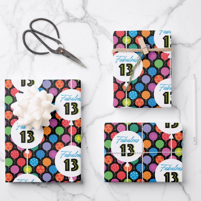 13th Birthday Colourful Balloons Polka Dot Stars Wrapping Paper Sheet (Front)