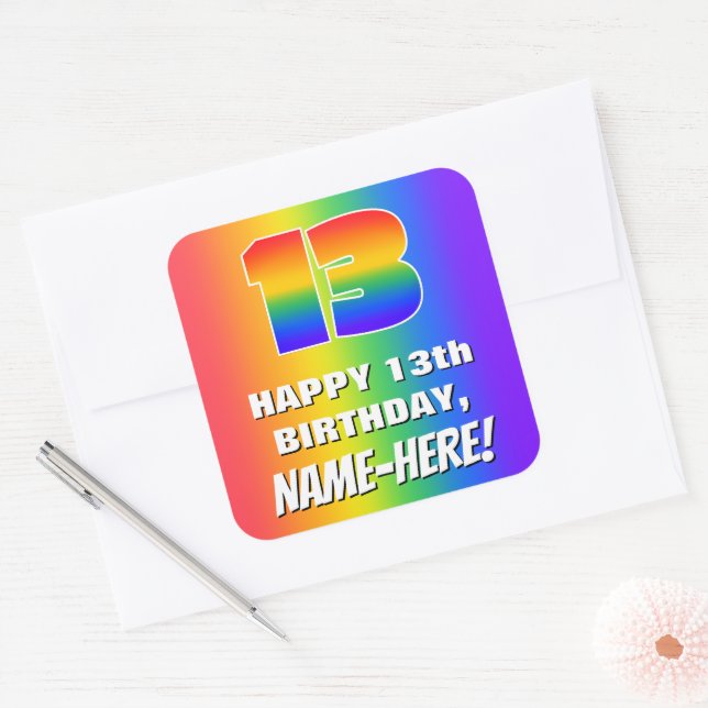 13th Birthday: Colourful, Fun Rainbow Pattern # 13 Square Sticker (Envelope)