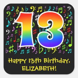 13th Birthday: Colourful Music Symbols, Rainbow 13 Square Sticker