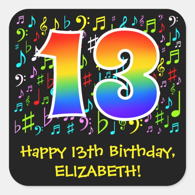 13th Birthday: Colourful Music Symbols, Rainbow 13 Square Sticker (Front)