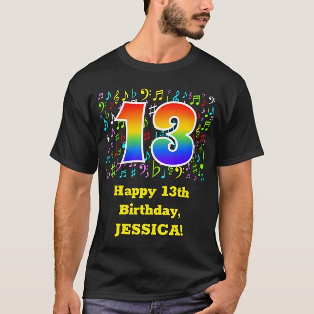13th Birthday: Colourful Music Symbols, Rainbow 13 T-Shirt (Front)