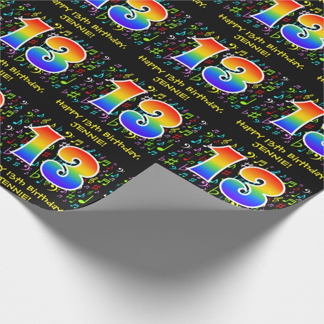 13th Birthday: Colourful Music Symbols, Rainbow 13 Wrapping Paper (Corner)