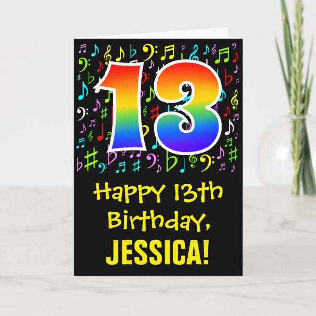 13th Birthday: Colourful Music Symbols + Rainbow 1 Card (Front)