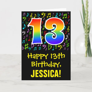13th Birthday: Colourful Music Symbols + Rainbow 1 Card