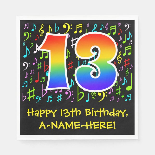 13th Birthday - Colourful Music Symbols, Rainbow 1 Napkin (Front)