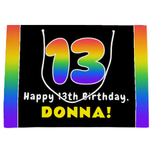 13th Birthday: Colourful Rainbow # 13, Custom Name Large Gift Bag
