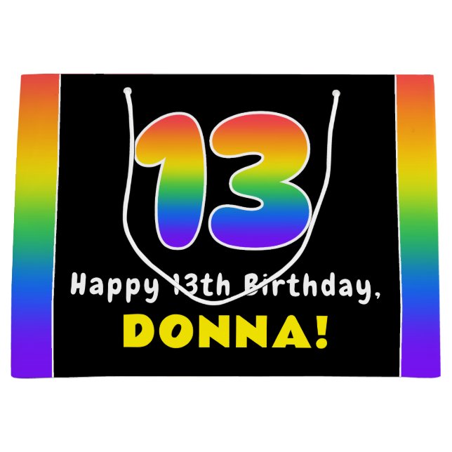 13th Birthday: Colourful Rainbow # 13, Custom Name Large Gift Bag (Front)