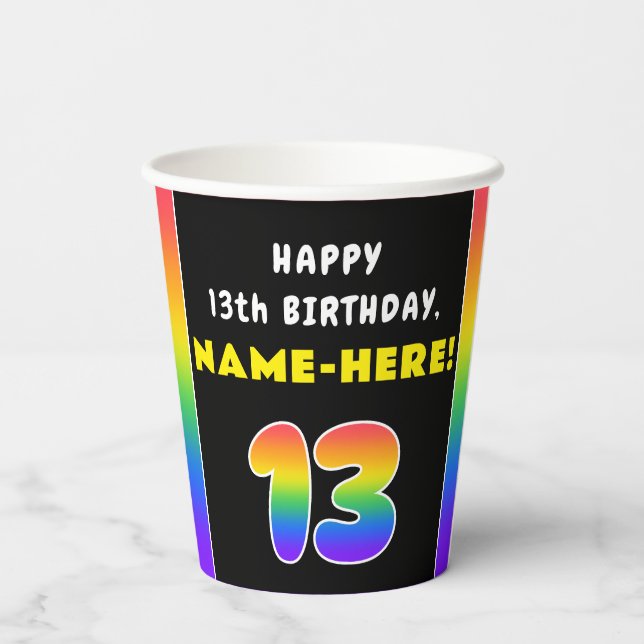 13th Birthday: Colourful Rainbow # 13, Custom Name Paper Cups (Back)