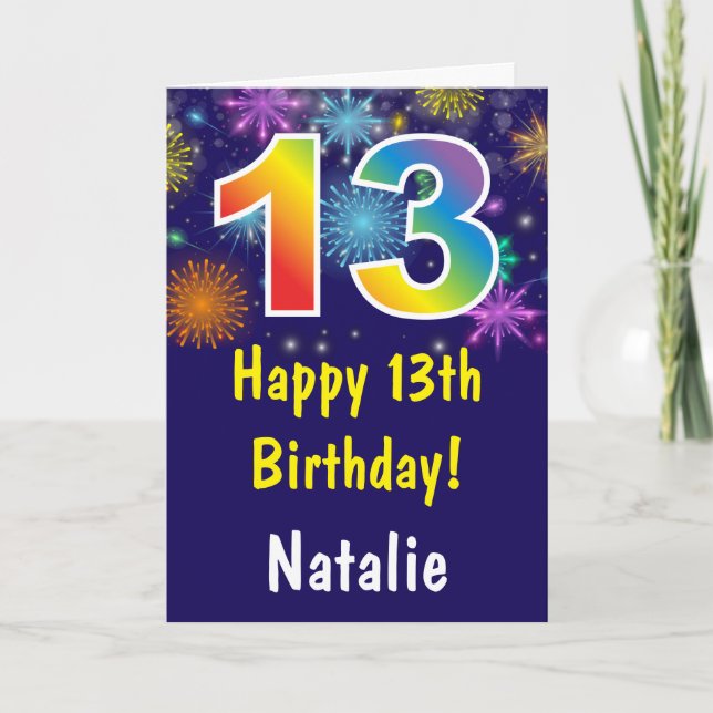13th Birthday Colourful Rainbow Fireworks Navy Blu Card (Front)