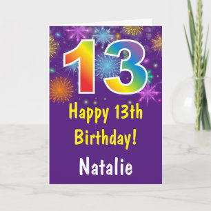 13th Birthday Colourful Rainbow Fireworks Purple Card