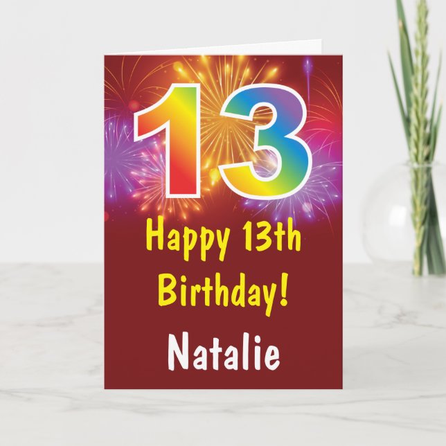 13th Birthday Colourful Rainbow Fireworks Red Card (Front)