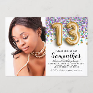 13th Birthday Confetti Gold Portrait Invitation