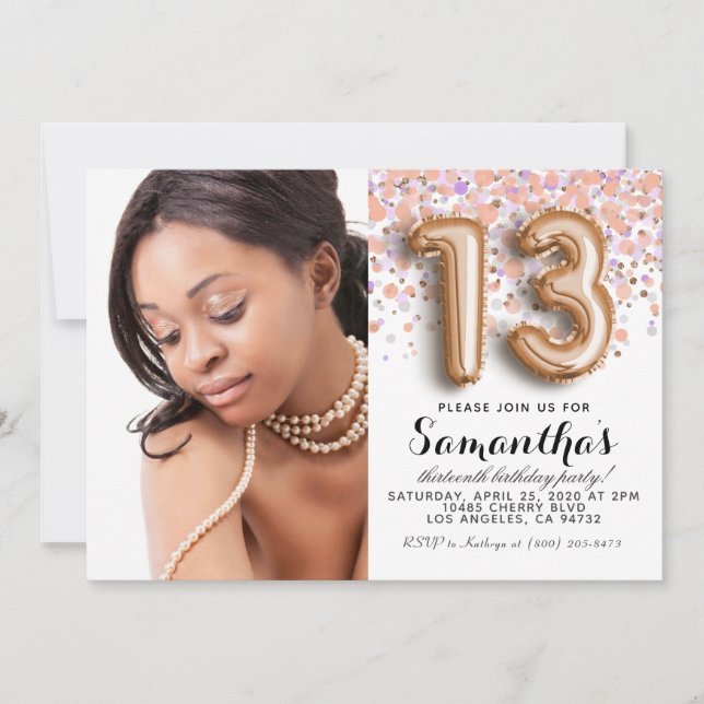 13th Birthday Confetti Rose Gold Portrait Invitation (Front)