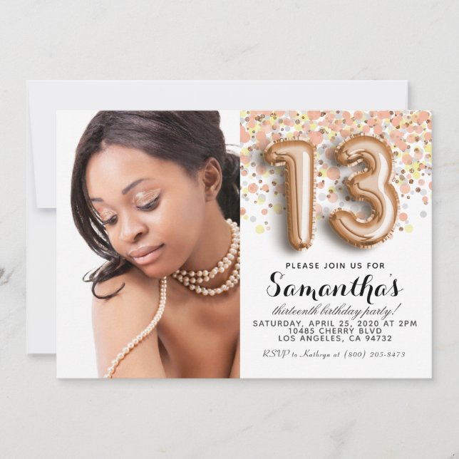 13th Birthday Confetti Rose Gold Portrait Invitation (Front)