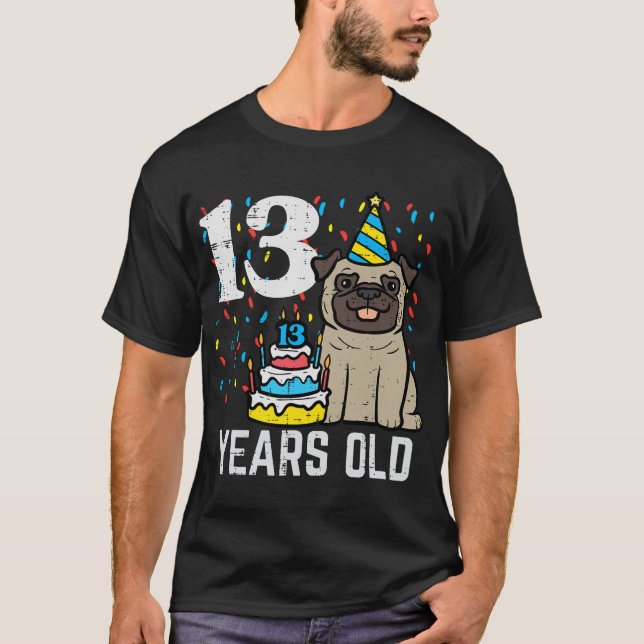 13th Birthday Dog Pug Cake 13 Years Old Bday Boys  T-Shirt (Front)