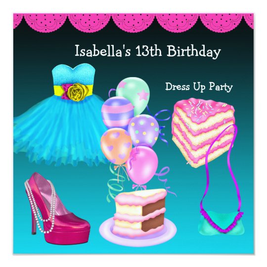 13th Birthday Dress Up Party Teal Pink Card