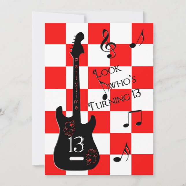 13th Birthday, Electric Guitar, Red/White/Black Invitation (Front)