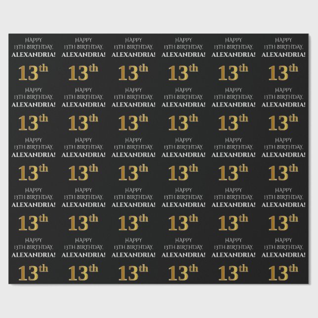 13th Birthday: Elegant, Black, Faux Gold Look Wrapping Paper (Flat)