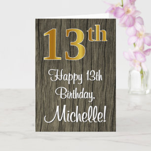 13th Birthday: Elegant Faux Gold Look #, Faux Wood Card