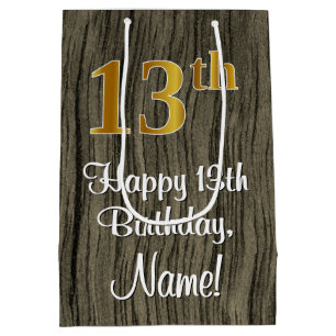 13th Birthday: Elegant Faux Gold Look #, Faux Wood Medium Gift Bag