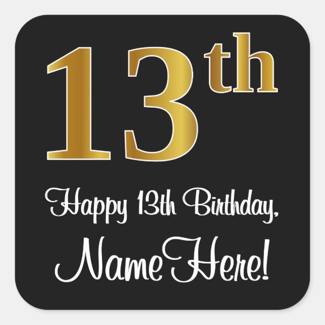 13th Birthday – Elegant Luxurious Faux Gold Look # Square Sticker (Front)