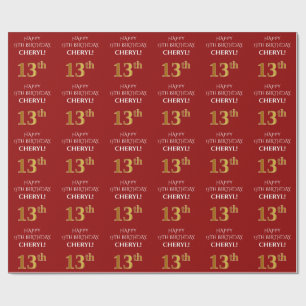 13th Birthday: Elegant, Red, Faux Gold Look Wrapping Paper