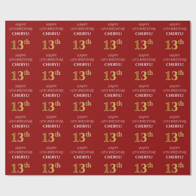 13th Birthday: Elegant, Red, Faux Gold Look Wrapping Paper (Flat)