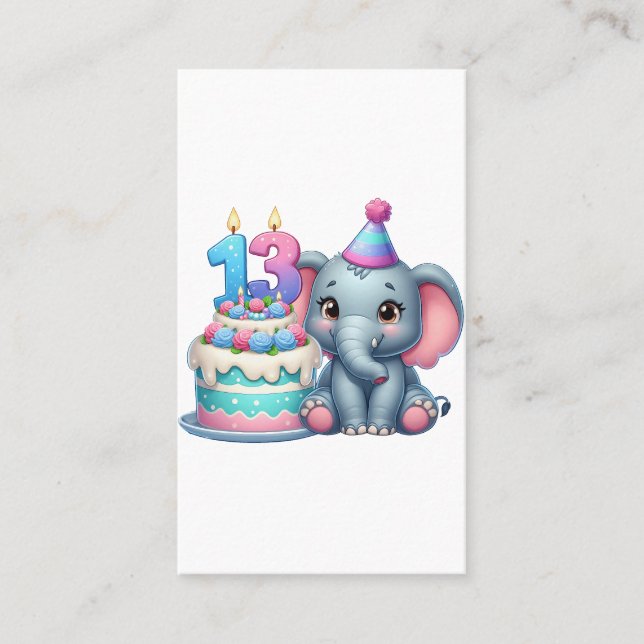13th Birthday Elephant Cake Business Card (Front)