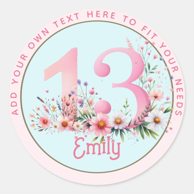 13th Birthday Fairy Floral Pink Princess Fairytale Classic Round Sticker (Front)