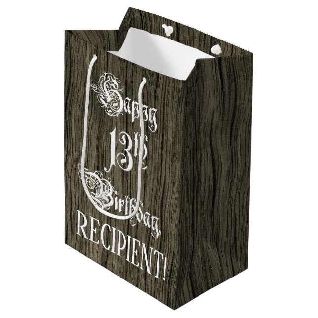 13th Birthday: Fancy, Faux Wood Look + Custom Name Medium Gift Bag (Front Angled)