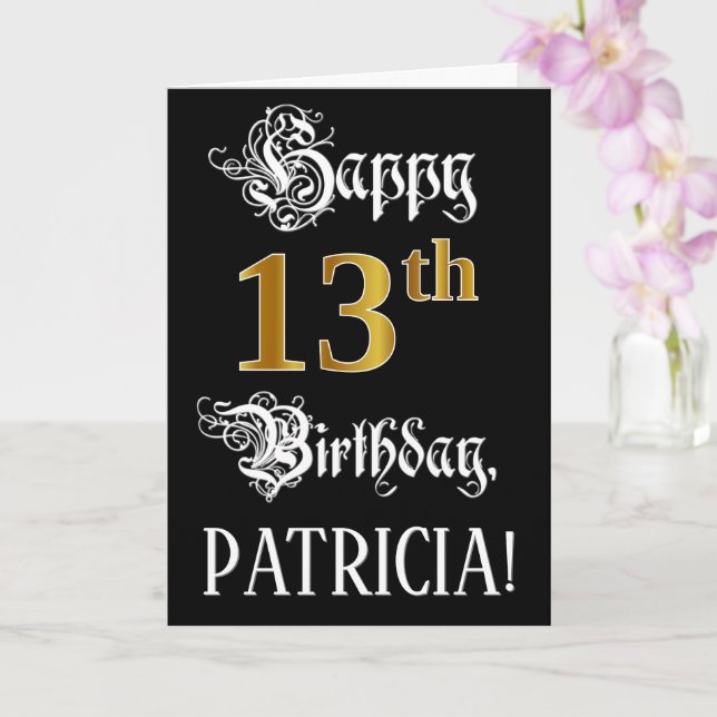 13th Birthday — Fancy Script; Faux Gold Look; Name Card (Orchid)