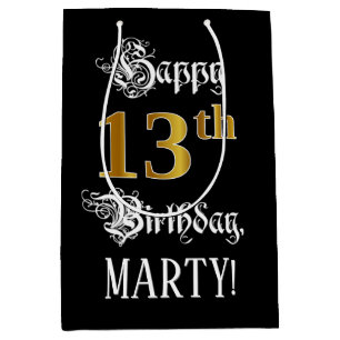 13th Birthday ~ Fancy Script; Faux Gold Look; Name Medium Gift Bag