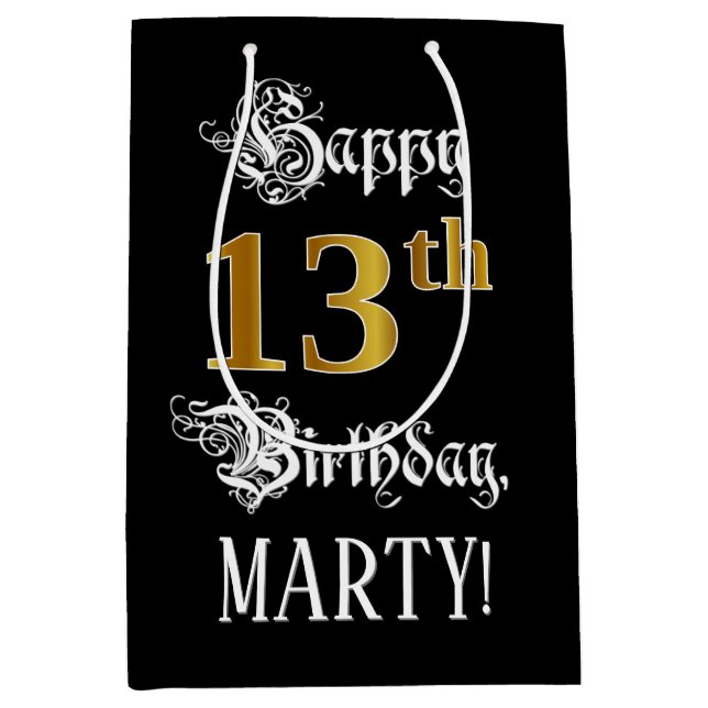 13th Birthday ~ Fancy Script; Faux Gold Look; Name Medium Gift Bag (Front)