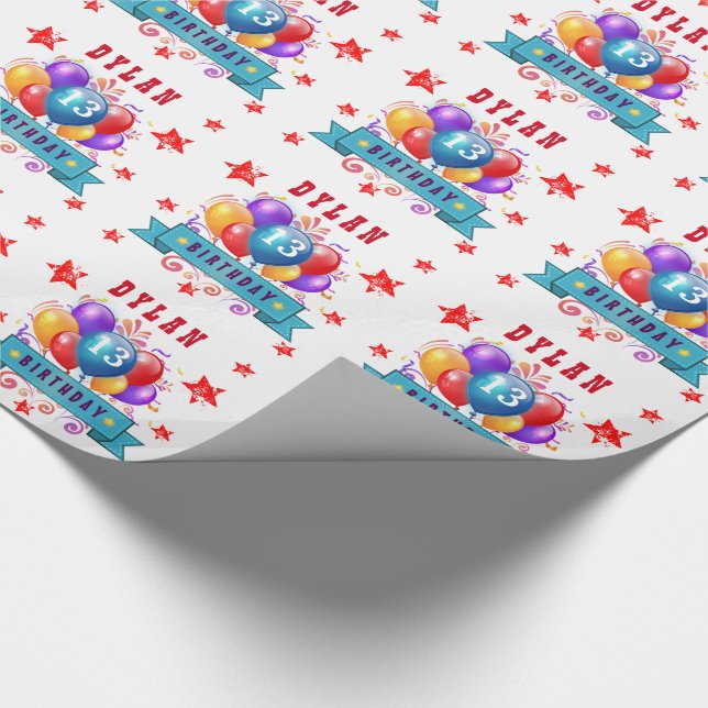 13th Birthday Festive Balloons and Red Stars 102Z Wrapping Paper (Corner)