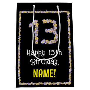 13th Birthday: Floral Flowers Number, Custom Name Medium Gift Bag